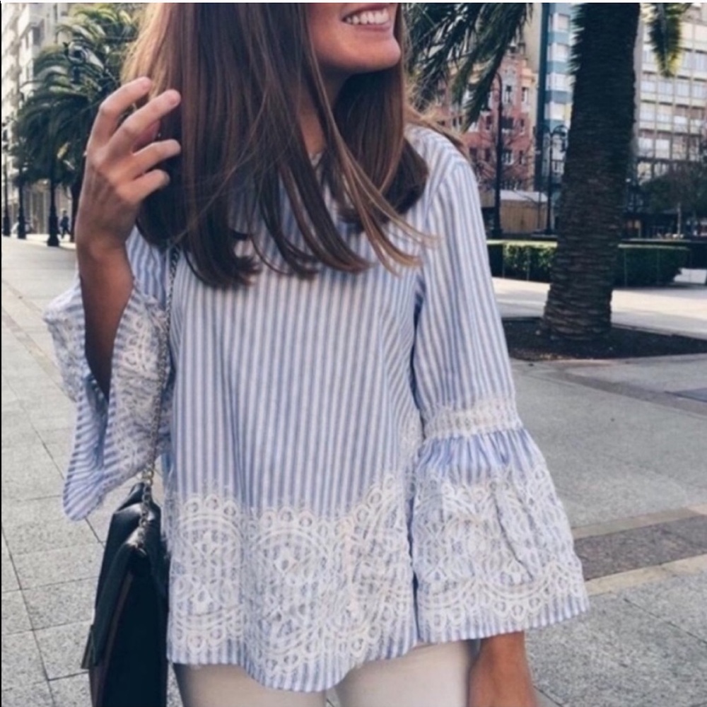 Zara Blue and White striped Lace Flowy Blouse